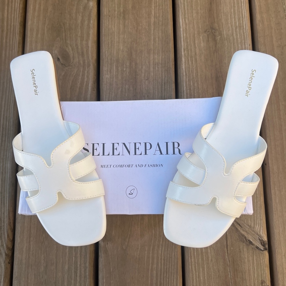 SelenePair Women's White Flat Slide Open Toe Sandals Size 11‎ NEW